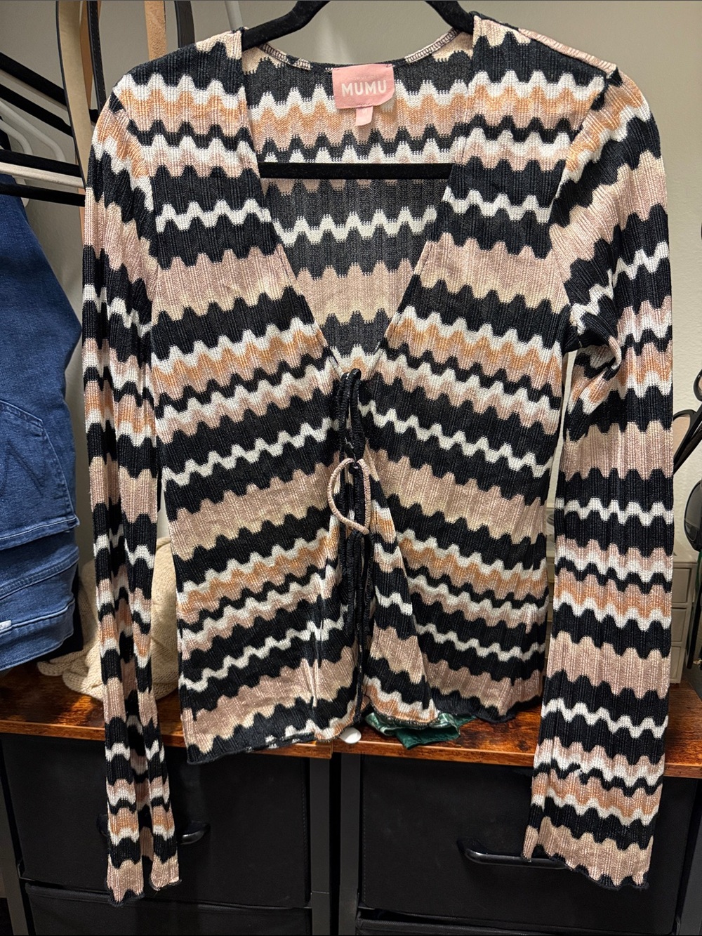 Show Me Your MuMu Zigzag Tie-Front Cardigan in Black, Beige & Cream
